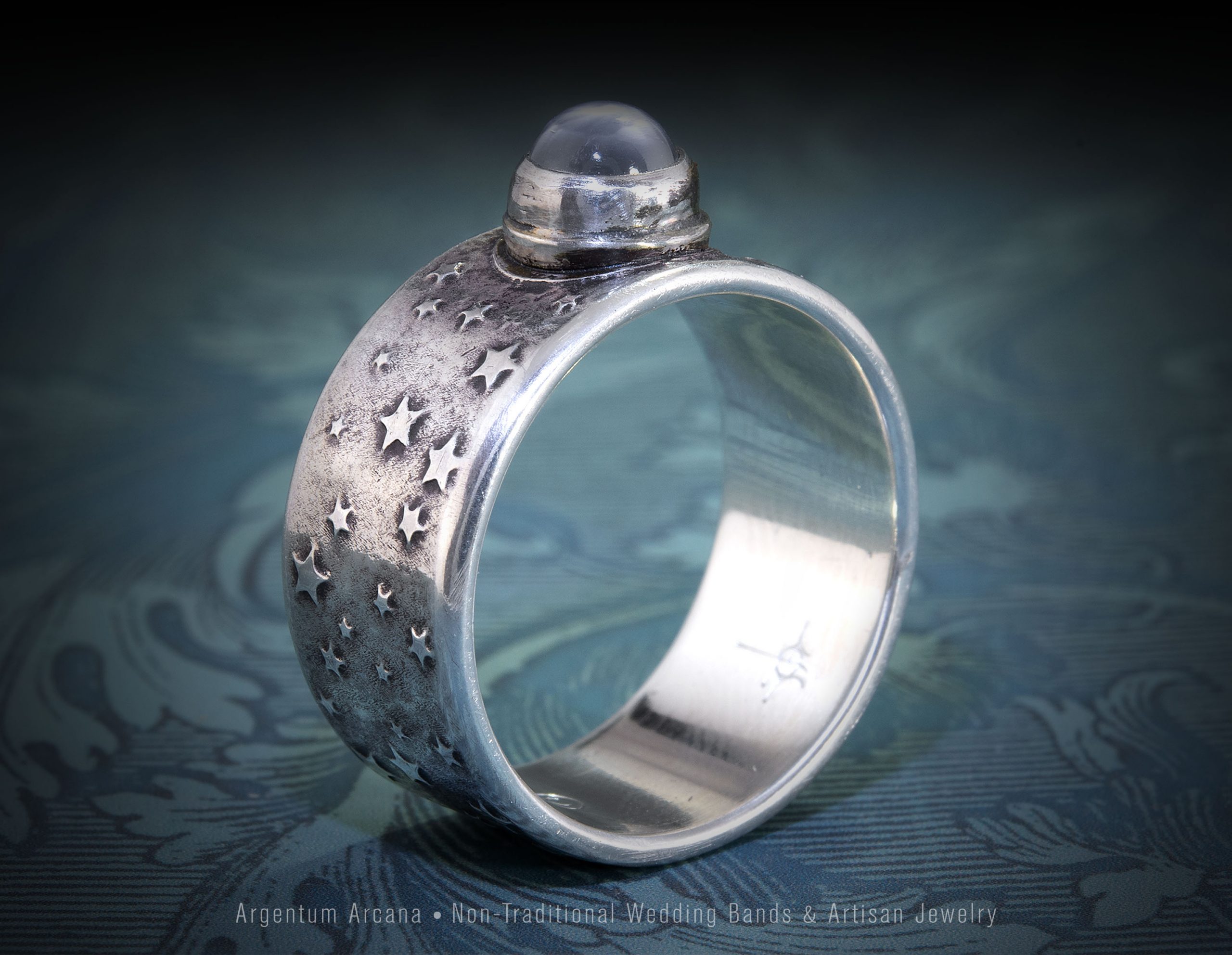 Silver Moon & Stars ring with Moonstone Gem