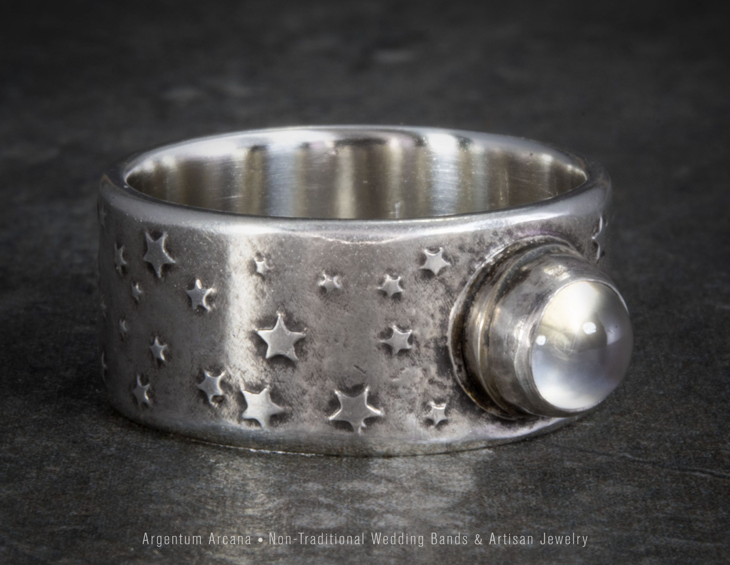 Silver Moon & Stars ring with Moonstone Gem