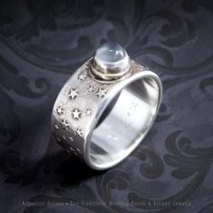Whimsical Silver Moon & Stars ring with Moonstone Gem for women