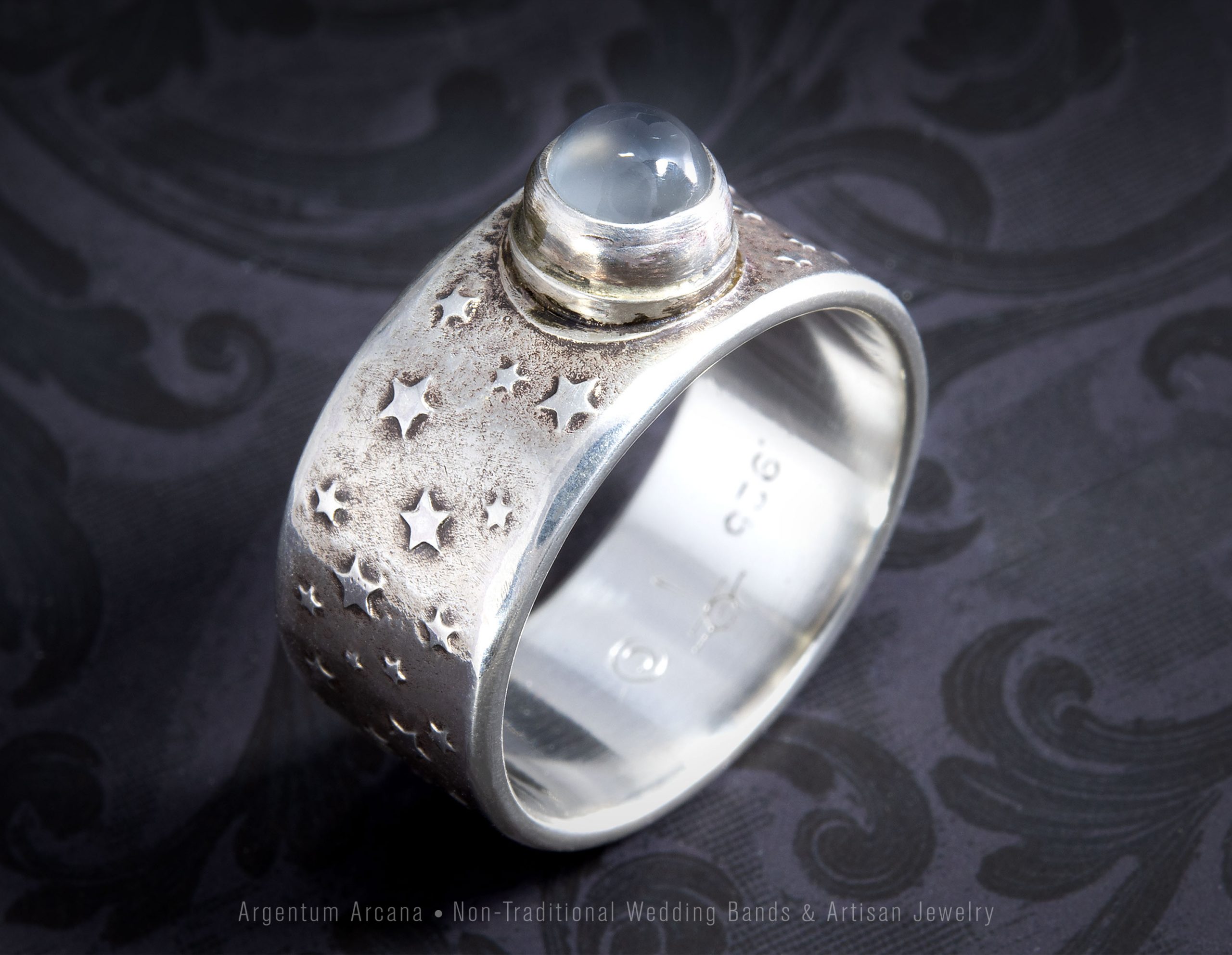 Celestial Silver Moon & Stars ring with Moonstone Gem