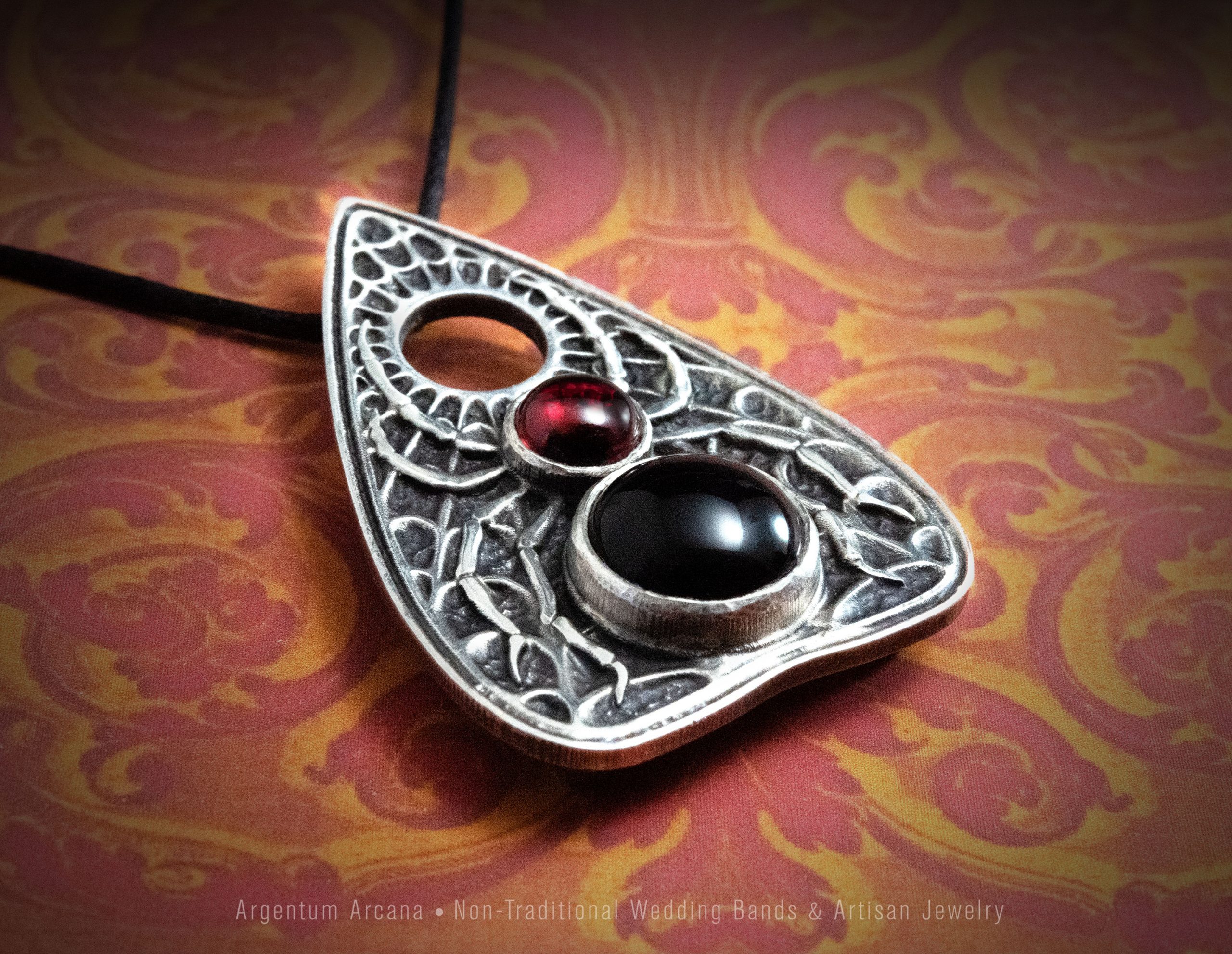 Gothic style Ouija Planchette Pendant and necklace with Spider design and natural garnet and onyx gemstones