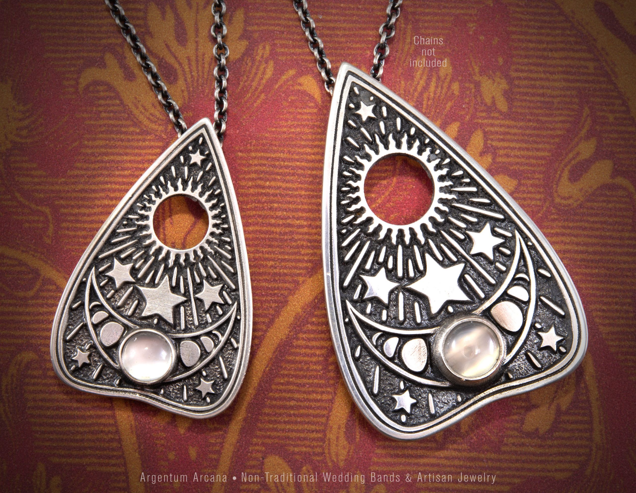 Two Ouija Planchette Pendant Necklaces with a witchy moon phase design with a natural moonstone gem