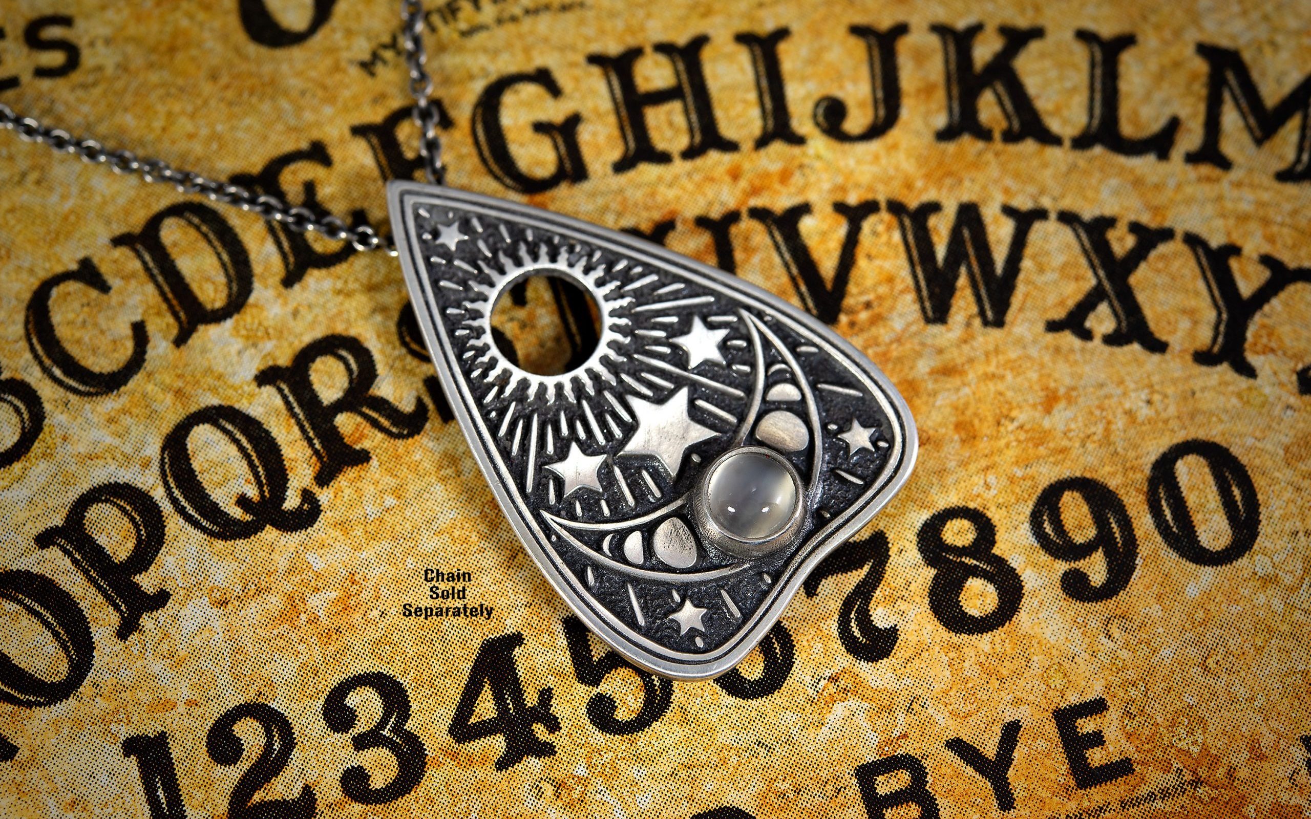 Occult Ouija Planchette Pendant and Necklace with Moonstone and Moon Phase Design