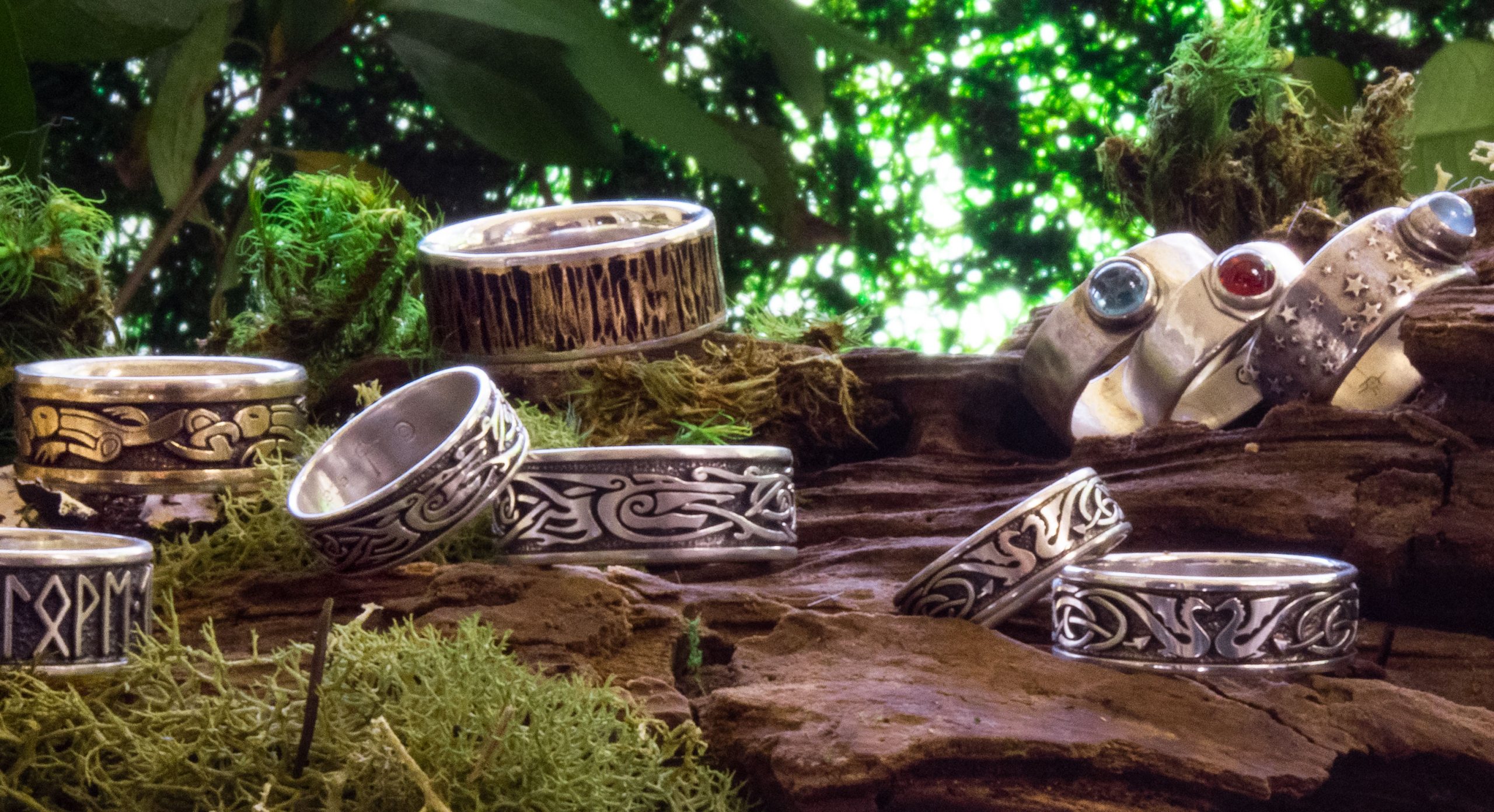 Collection of artisan rings with Celtic, Viking, Anglo-Saxon and Medieval Designs and Hand Forged Non-Traditional Wedding Rings
